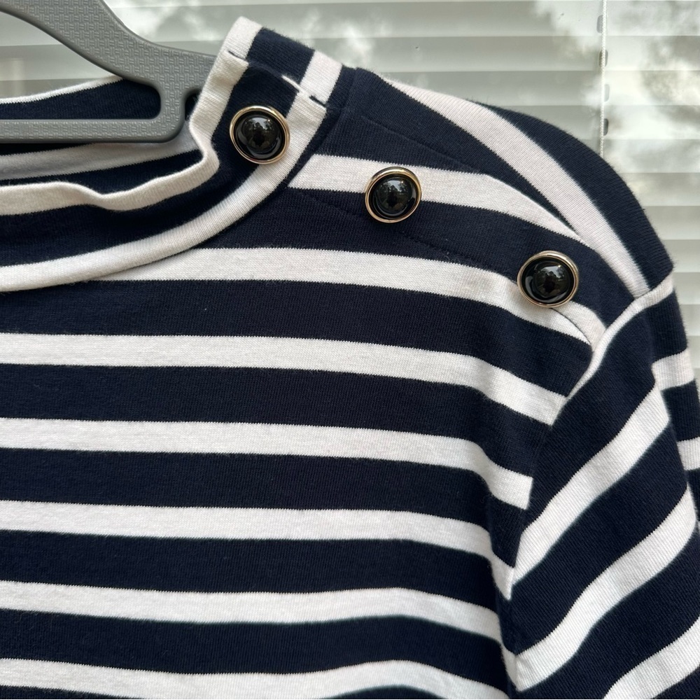 Talbots 3X navy white striped 3/4 sleeves buttons 100% cotton nautical blouse - Picture 2 of 5